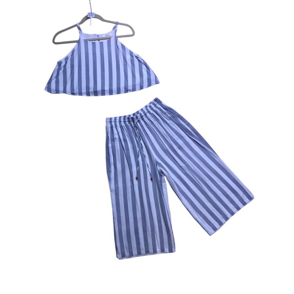 Allie Rose 2 Piece Set Women Small Blue White Striped Crop Top Pants AT5831
